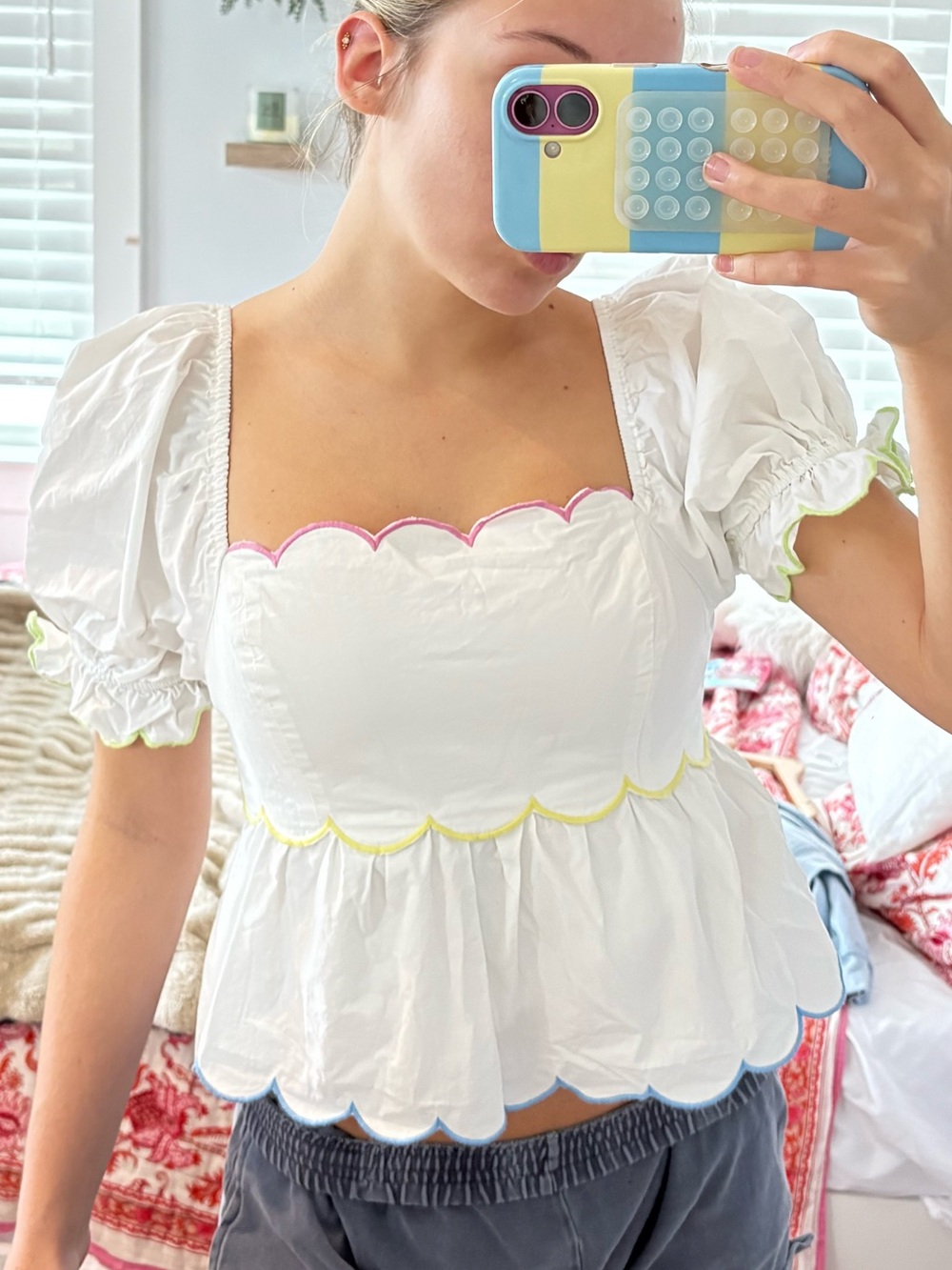 English Factory White Scalloped Puff-Sleeve Peplum Blouse with Color Trim